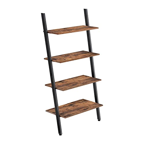 Ladder Shelf, Wall Rack Shelf and Storage Shelving Unit, 4-Tier Bookshelf, Living Room Kitchen Office, Steel, Stable, Slanted, Industrial, Rustic Browne and Black