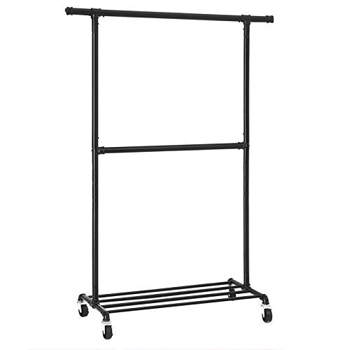 Industrial Clothes Rack on Wheels, Maximum load of 110 Kg, Double Garment Hanging Rod, Heavy Duty Commercial Display, Black