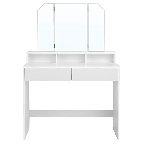 Dressing Table with Tri-Fold Mirror, Makeup Table with 2 Drawers and 3 Open Compartments, Vanity Table, Modern Style, White