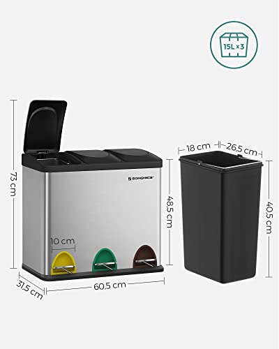 Recycling Bin, Pedal Bin, 45-Litre Metal Rubbish Bin, Waste Separation System Dustbin for Kitchen, Durable, 3 x 15 Litres, Stainless Steel, Silver and Black