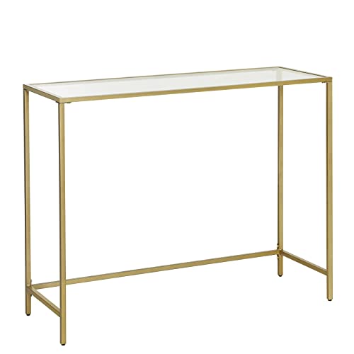 Console Table, Tempered Glass Table, Modern Sofa or Entryway Table, Metal Frame, Sturdy, Adjustable Feet, for Living Room, Hallway, Golden