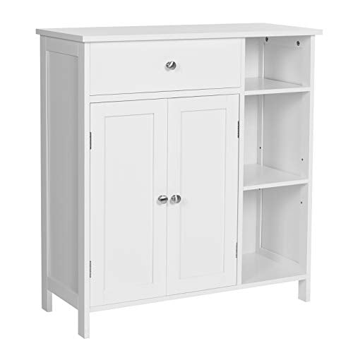 Bathroom Floor Cabinet, Storage Organiser Unit, Cupboard with Drawer, 3 Open Compartments, Adjustable Shelves, 2 Doors, 75 x 30 x 80 cm, Scandinavian Nordic Style, Matte White