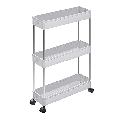 3-Tier Storage Trolley, Kitchen Trolley on Wheels, Narrow Trolley for Kitchen Bathroom Office or Small Spaces, 42 x 13.5 x 61 cm, White