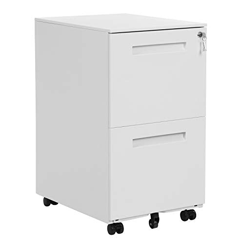 Mobile File Cabinet, with 2 Drawers, Lock, for Office Documents, Suspended Folders, Pre-Assembled, 39 x 45 x 69.5 cm (L x W x H), White