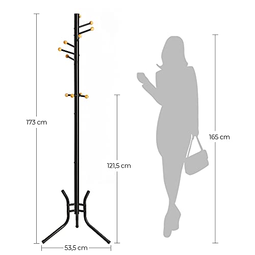 Coat Rack, Freestanding Metal Coat Tree, 11 Hooks with Wooden Ends, for Coats, Hats, Bags, 53.5 x 53.5 x 173 cm, Black