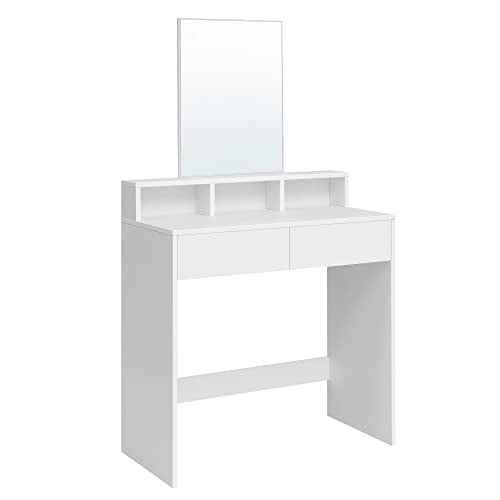 Dressing Table with Large Rectangular Mirror, Makeup Table with 2 Drawers and 3 Open Compartments, Vanity Table, Modern Style, White