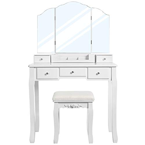 Dressing Table with 5 Drawers, Makeup Desk with 1 Stool, Frameless Tri-Fold Mirror, 1 Removable Cosmetic Storage Box, Vanity Set, Easy to Assemble, White