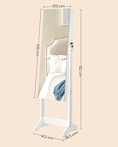 Jewelry Cabinet Armoire, Freestanding Lockable Storage Organizer Unit with 2 Plastic Cosmetic Storage, Full-Length Frameless Mirror, for Necklace Earring, White U