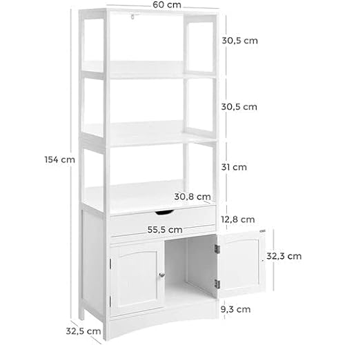 Bathroom Storage Cabinet, Tall Cabinet, Free Standing Bookshelf, with 3 Open Shelves, 1 Drawer and 1 Cupboard, 60 x 32.5 x 154 cm, for Entryway, Kitchen, Study Room, White