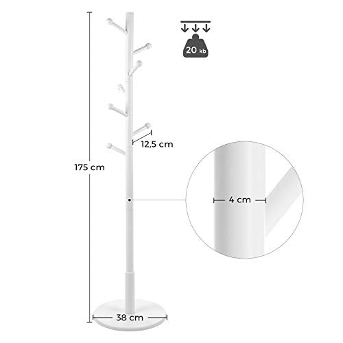 Coat Rack Free Standing Coat Tree with 7 Rounded Hooks, Wood Hall Tree, Entryway Coat Stand for Clothes, Hats, Purses, in the Entryway, Living Room, White