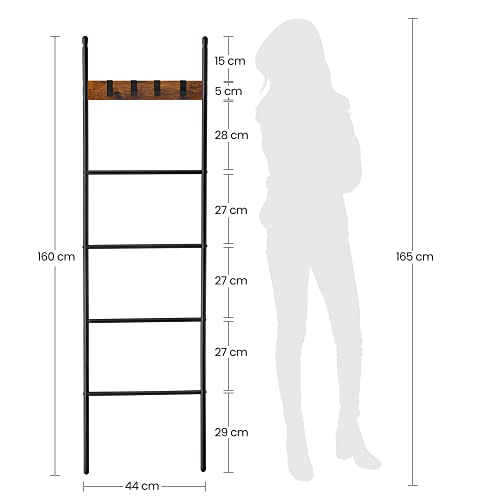 Towel Ladder Shelf with 5 Levels 44 x 160 cm Space Saving Metal Frame 4 Hooks Industrial Style Vintage Brown/Black