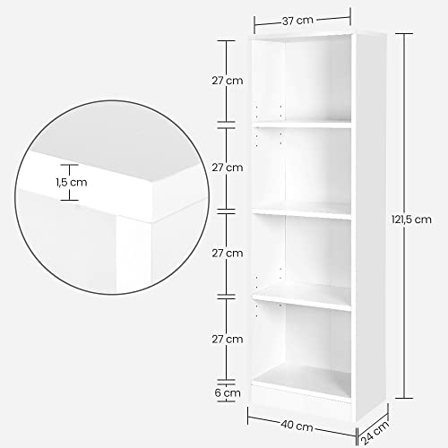 4-Tier Bookcase with Adjustable Shelves, Kid’s Bookshelf and Storage Unit for Study Home Office, 40 x 24 x 121.5 cm, White