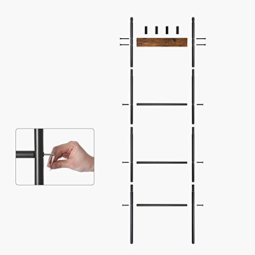 Towel Ladder Shelf with 5 Levels 44 x 160 cm Space Saving Metal Frame 4 Hooks Industrial Style Vintage Brown/Black