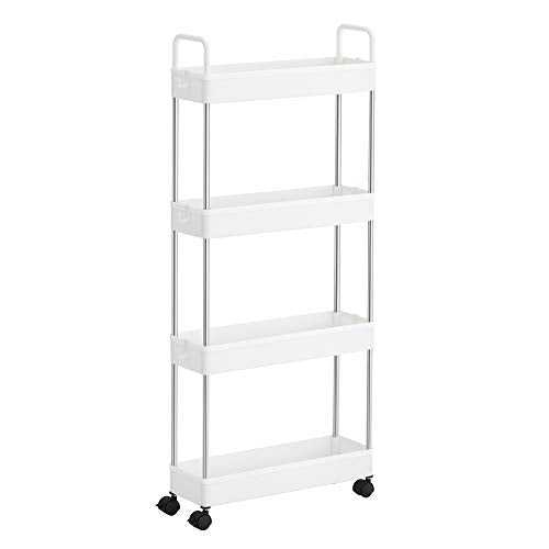 Storage Trolley, Slim Trolley, 4-Tier Kitchen Storage Trolley, Narrow Gap Bathroom Trolley with Wheels and Handles, 40 x 13 x 93 cm, White