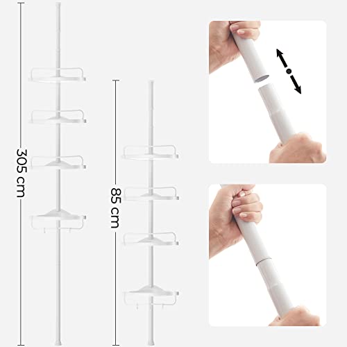 Adjustable Bathroom Corner Shelf, Telescopic Shower Caddy, 85-305 cm, Floor to Ceiling, with 4 Trays, 3 Hooks, White