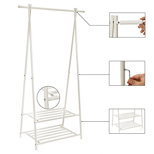 Coat Rack, Coat Stand, Clothes Rack with 2-Tier Storage Shelf for Shoes and Baskets, Metal Frame, Space-saving, Ideal for Bedroom, Entryway, Office and More, White