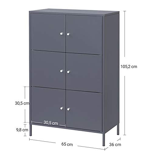 Storage Cabinet, 3-Tier Metal Office Cabinet, Multipurpose Storage Organiser Stand with 6 Doors, 65 x 36 x 105.2 cm, Max. Load Capacity 15 kg per Shelf, Grey