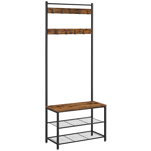 Coat Rack, Coat Stand with Shoe Storage Bench, Hall Tree with Shoe Rack, 3-in-1 Design, Steel Frame, for Hallway, Entrance, 32 x 70 x 175 cm, Industrial, Rustic Brown and Black