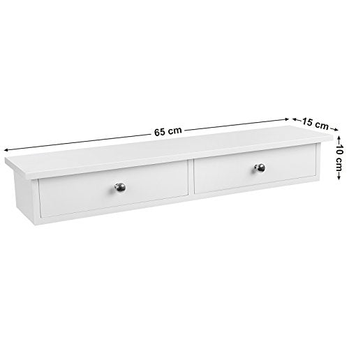 Wall Shelf, Floating Shelf with 2 Drawers, High Gloss Finish, Holds up to 15 kg, 65 x 15 x 10 cm, for Entryway, Living Room, Kitchen, White