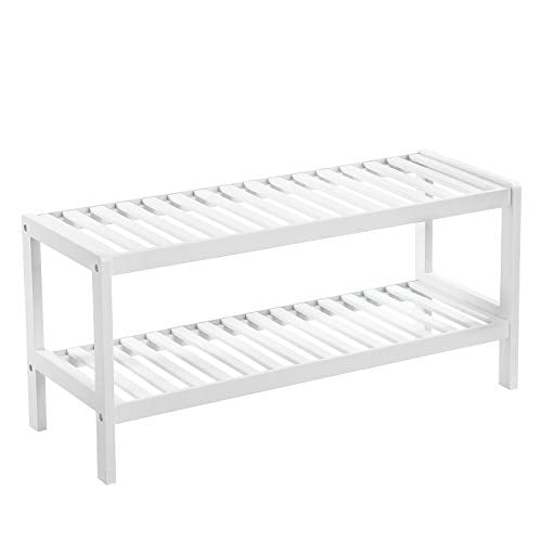 Natural Bamboo 2-Tier Shoe Rack, Shelf for Shoes Plants Books, for Living Room Hallway Bedroom Bathroom, 70 x 26 x 33 cm, White