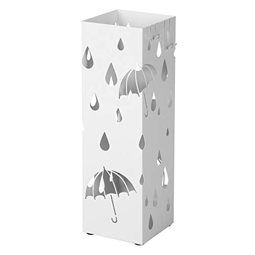 Metal Umbrella Stand, Square Umbrella Holder with Drip Tray and 4 Hooks, 15.5 x 15.5 x 49 cm, White