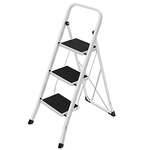 3 Step Ladder, Heavy Duty Steel, Folding, Portable with Anti-Slip Mat Max. Load Capacity up to 150 kg Tested and Certified by TÜV Rheinland