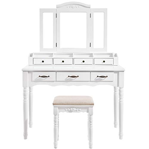 Dressing table with 7 Drawers, Makeup Table with Tri-Fold Necklace Hooked Mirror, 2 Brush Slots and 4 Open Compartments, Solid Wood Legs, Cushioned Stool, White