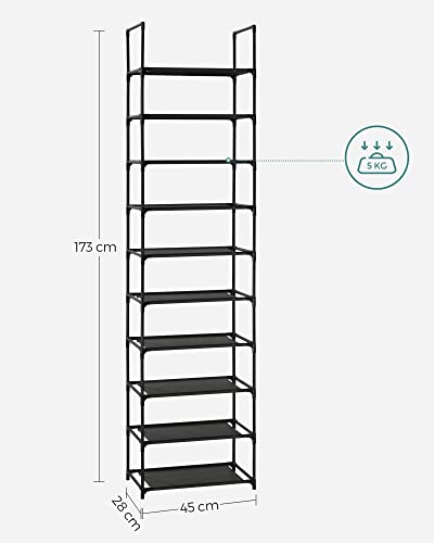 10-Tier Shoe Rack, Shoe Stand, Space-Saving Shoe Storage, 45 x 28 x 173 cm, Metal Frame, Non-Woven Fabric Shelves, for Hallway, Bedroom, Black