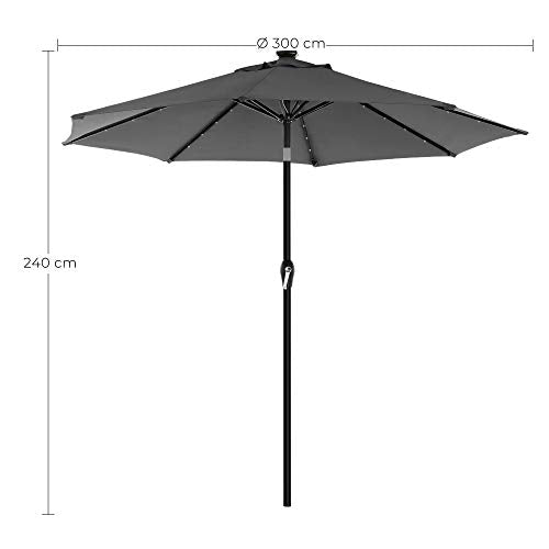 3 m Garden Parasol Umbrella with Solar-Powered LED Lights, Sunshade with UPF 50+ Protection, Tilting, Crank Handle for Opening Closing, Base Not Included, Grey