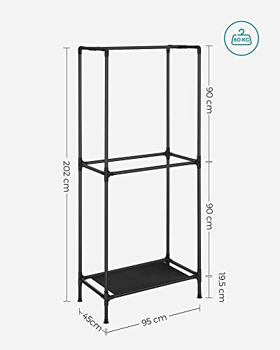 Clothes Rail for Bedroom with 3 Hanging Rails and Fabric Shelf with Metal Frame, 95 x 45 x 202 cm, Black