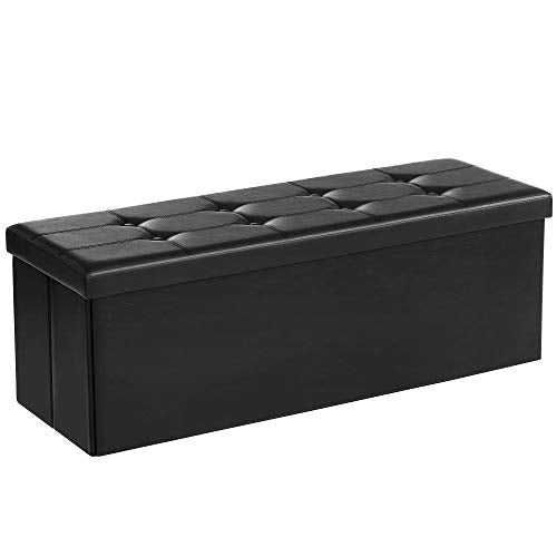 43 Inches Folding Storage Ottoman Bench, Storage Chest, Footrest, Coffee Table, Padded Seat, Faux Leather, Holds up to 660 lb, Black U