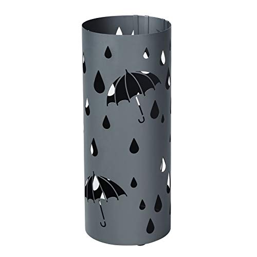 Metal Umbrella Stand, Umbrella Holder with Water Tray and Hooks, 19.5 x 49 cm (Dia. x H), Round, Matte Anthracite Grey