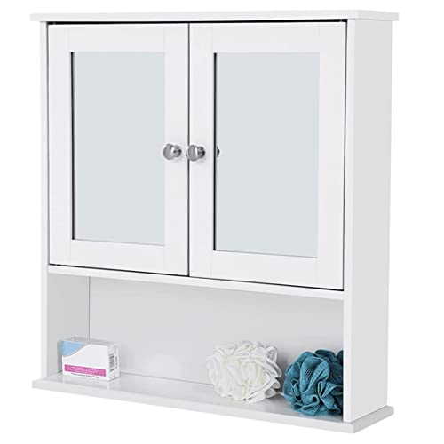 Double Mirror Doors Bathroom Cabinet, Wall Cabinet, Storage Cupboard, Wall-Mounted Storage Unit, Adjustable Height Shelves, 56 x 13 x 58 cm, White