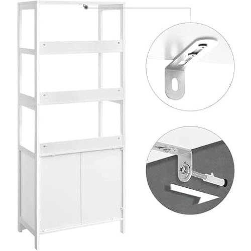 Bathroom Storage Cabinet, Tall Cabinet, Free Standing Bookshelf, with 3 Open Shelves, 1 Drawer and 1 Cupboard, 60 x 32.5 x 154 cm, for Entryway, Kitchen, Study Room, White