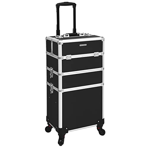 Professional Makeup Case, 3-in-1 Travelling Beauty Trolley, Large Cosmetic Trolley for Hairdressers, Lockable Rolling Makeup Case with 360-Degree Universal Casters, Black