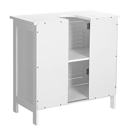 Bathroom Under Sink Cabinet, Floor Cabinet Double Door, 60 x 30 x 60 cm, Storage Unit, Cupboard with 2 Louvered Doors, Adjustable Shelf, Handles, Scandinavian Nordic Style, Matte White