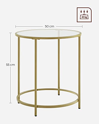 Round Side Table, Tempered Glass End Table With Golden Metal Frame, Small Coffee Table, Bedside Table, Living Room, Balcony, Robust and Stable, Decorative, Gold