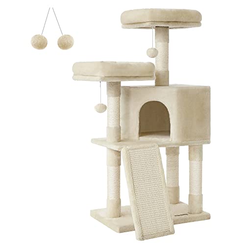 Small Cat Scratching Post with Scratching Board Platforms for Cat Soft Plush 115 cm Fully Sisal Wrapped Column Beige