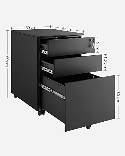 Mobile File Cabinet with 3 Drawers Lockable Steel Pedestal with Suspension File Hanging Rails, Fully Assembled Except Casters, Black