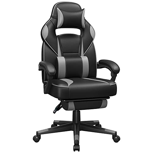 Gaming Chair Desk Chair with Footrest, Office Chair with Headrest and Lumbar Cushion, Height-Adjustable, Ergonomic, 90-135° Tilt Angle, Load 150 kg Black + grey