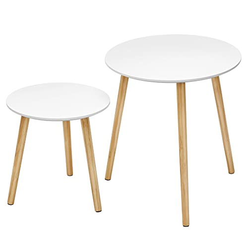 Nesting Side Table, Round End Table, Set of 2, Scandinavian Minimalist Coffee Table with Solid Pine Wood Legs, White and Natural