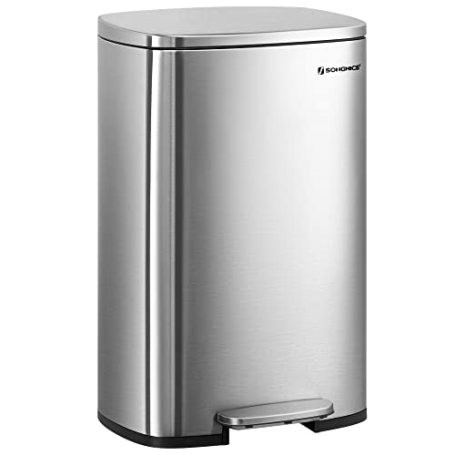 Kitchen Pedal Bin, 50L Rubbish Waste Bin, with Plastic Inner Bucket, Hinged Lid, Soft Closure, Odour Proof and Hygienic, Silver