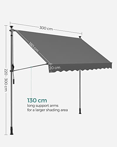 Clamp Awning, 300 x 130 cm, Balcony Awning, Height-Adjustable, with Hand Crank, Sun Protection for Balcony, Patio, Garden, Anthracite