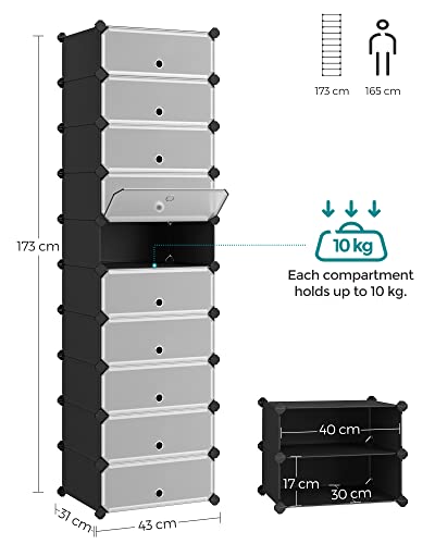 Interlocking Shoe Rack, Rectangular Storage Organiser, 10 Slot Modular DIY Storage Shelf Unit, 40 x 30 x 17 cm for Each Slot, Plastic Wardrobe with Doors, Black