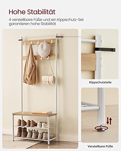 Coat Rack, Coat Stand with Shoe Storage Bench, Hall Tree with Shoe Rack, 3-in-1 Design, Steel Frame, for Hallway, Entrance, 32 x 70 x 175 cm, Modern, Oak Colour and White