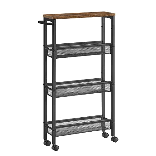 Trolley 4 Levels Kitchen Trolley Narrow Recess Shelf Kitchen Shelf on Wheels Steel Frame Handle for Small Spaces Kitchen Bathroom Living Room Study Vintage Brown Black