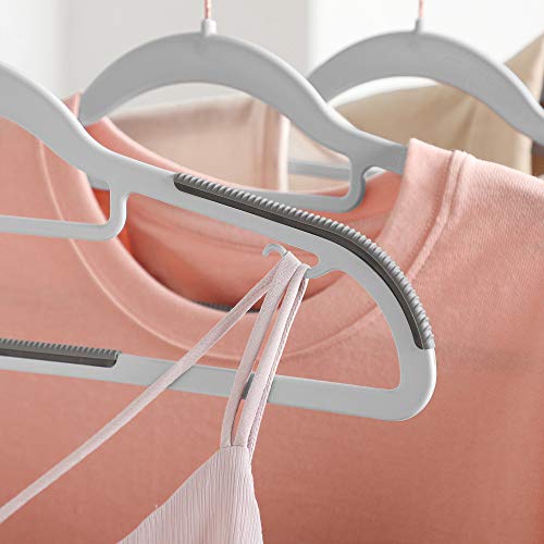 Set of 30 Clothes, Non-Slip Plastic, Space-Saving Coat Hangers, 0.5 cm Thick, 42 cm Long, 360° Swivel Hook in Rose Gold, Light Dark Grey , 42B x 21.5H cm