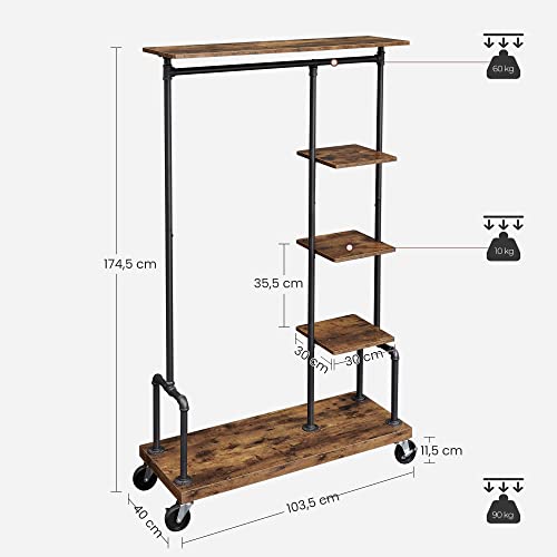 Clothes Rack, Clothing Rack on Wheels, 5-Tier Garment Rack with Metal Pipes, for Bedroom, Store, Laundry Room, Living Room, Rustic Brown and Black