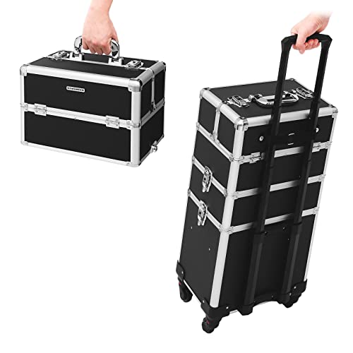 Professional Makeup Case, 3-in-1 Travelling Beauty Trolley, Large Cosmetic Trolley for Hairdressers, Lockable Rolling Makeup Case with 360-Degree Universal Casters, Black