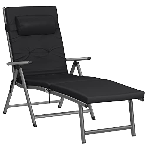 Foldable Sun Lounger, Sunbed with 6 cm Mattress, Removable Headrest, Rustproof Aluminium, Breathable, Comfortable, Reclinable, Max. Load Capacity 150 kg, Black